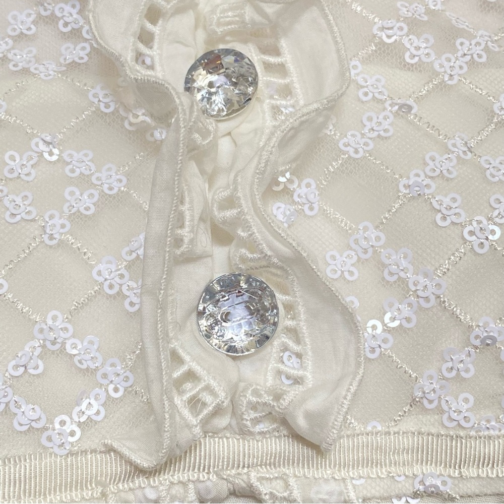 SELF-PORTRAIT WHITE SEQUIN RUFFLE FRILL COLLAR NECK BOW SHEER LONG SLEEVE TOP - Picture 8 of 16